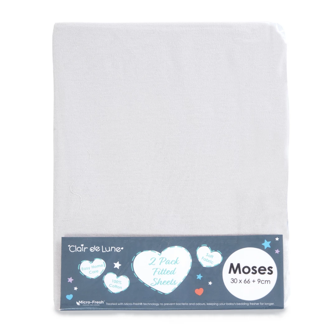 Clair De Lune Micro-Fresh® 2 Pack Fitted Moses Basket Sheets - 66 X 30 Cm