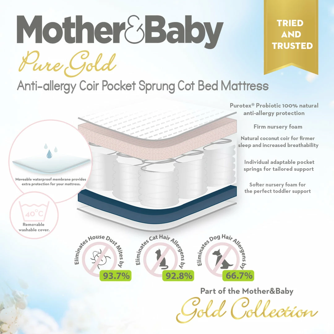 Cuddleco Mattresses Mother&Baby Pure Gold Anti-Allergy Coir Pocket Sprung Cot Bed Mattress