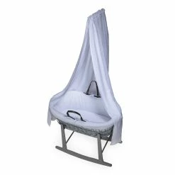 Clair De Lune Muslin Grey Wicker Moses Basket Starter Set & Deluxe Drape