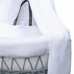 Clair De Lune Muslin Grey Wicker Moses Basket Starter Set & Deluxe Drape