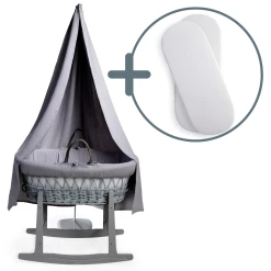 Clair De Lune Muslin Grey Wicker Moses Basket Starter Set & Deluxe Drape