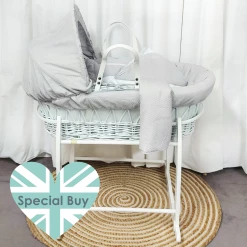 Clair De Lune Moses Baskets & Stands Special Buy - Cotton Dream Frosted White Wicker Moses Basket Bundle