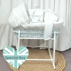 Clair De Lune Special Buy - Waffle Frosted White Wicker Moses Basket Bundle Moses Baskets & Stands