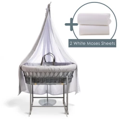 Clair De Lune Waffle Grey Wicker Moses Basket Starter Set & Deluxe Drape