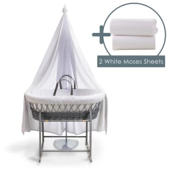 Clair De Lune Waffle Grey Wicker Moses Basket Starter Set & Deluxe Drape